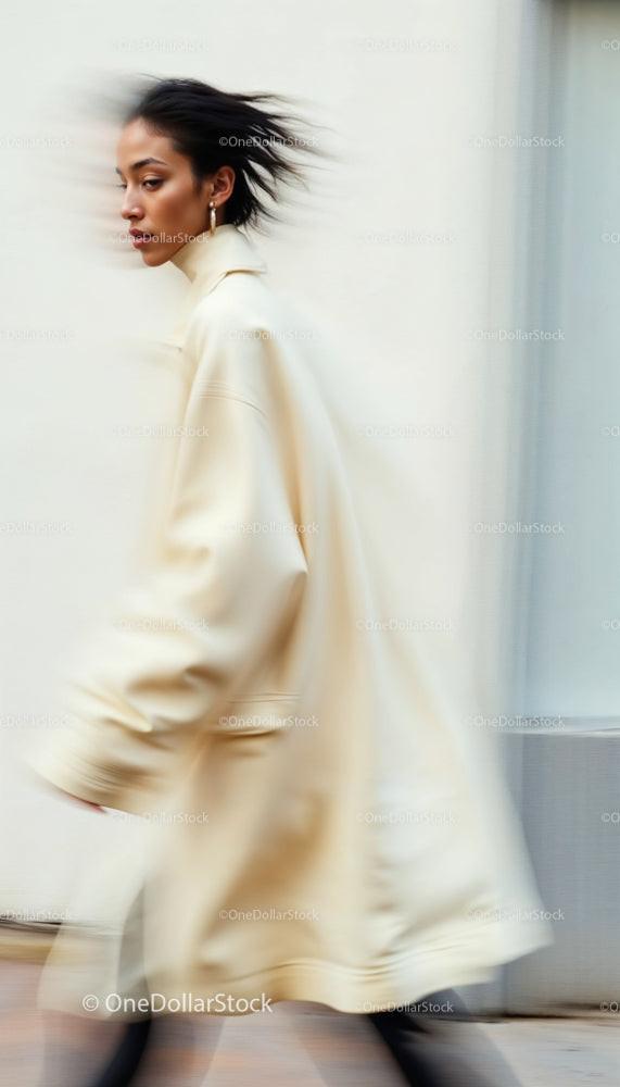Fashionable Woman in Motion with Beige Coat
