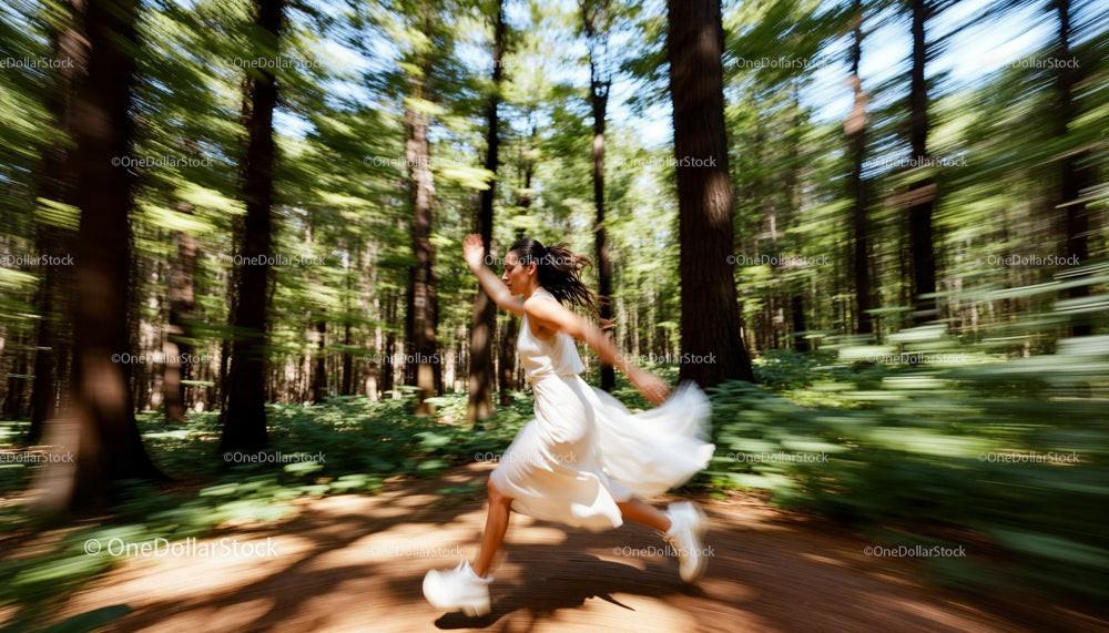 Woman in White Dress Running Through Sunlit Forest