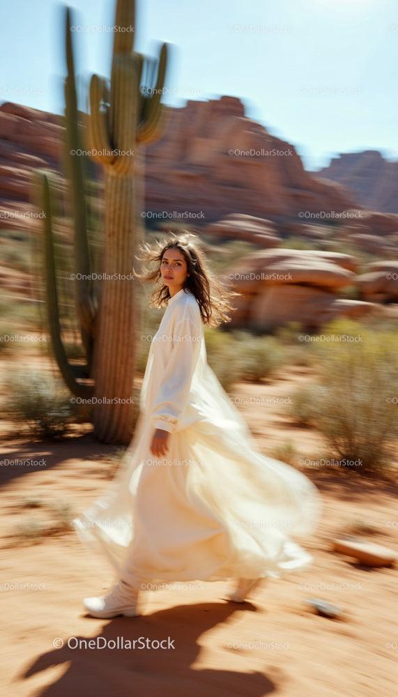 Elegant Woman in Flowing Dress Walking Through Desert