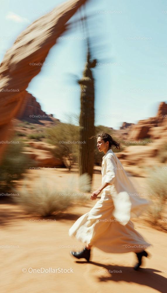Woman Running Freely in a Vast Desert Landscape
