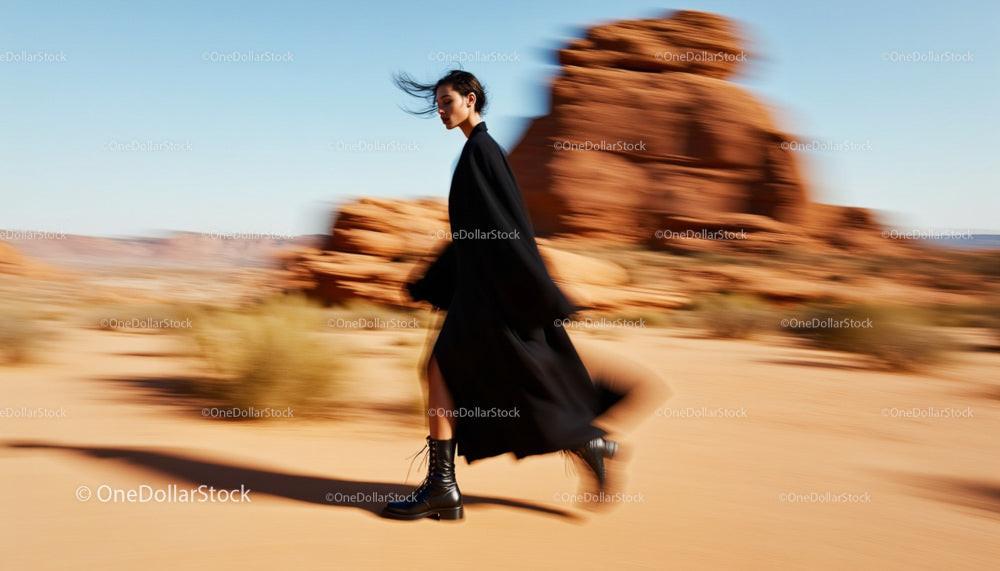 Fashionable Woman Walking in Desert Landscape