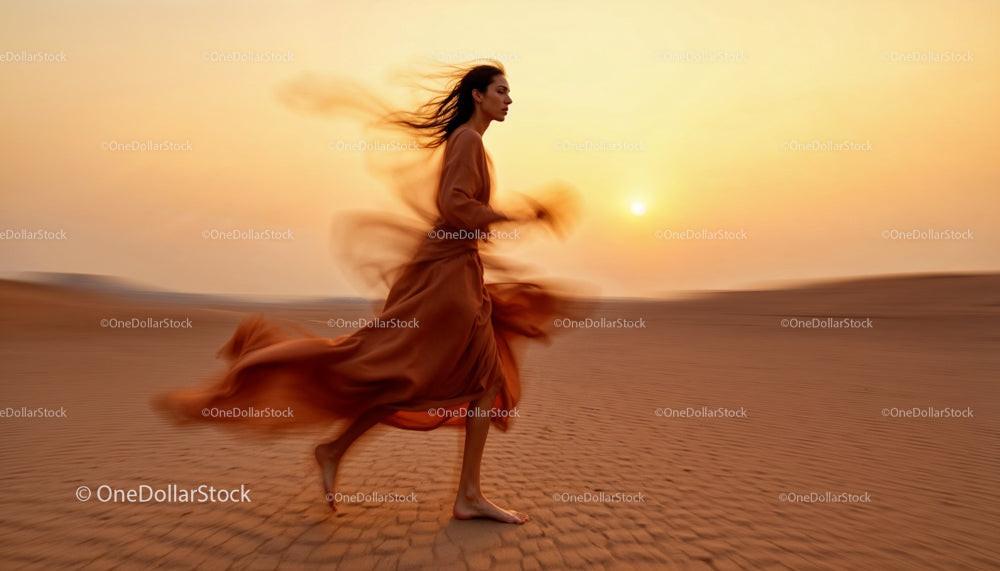 Woman in Flowing Dress Walks Gracefully at Sunset