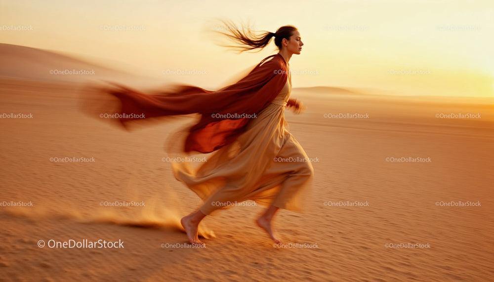 Woman Running Freely in Desert at Sunset