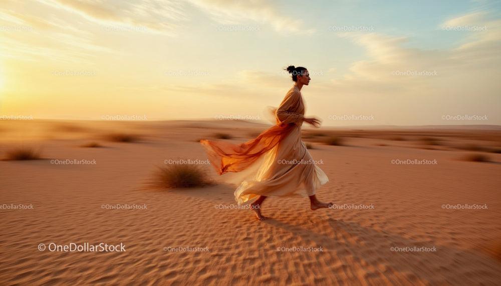 Woman in Flowing Dress Running Across Desert at Sunset