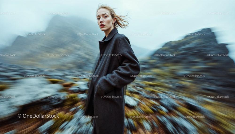 Fashionable Woman in Dark Coat Amidst Moody Mountains