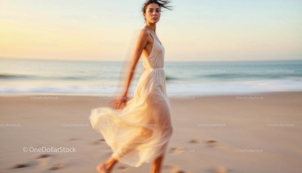Elegant Woman in Flowing Dress on a Sunset Beach
