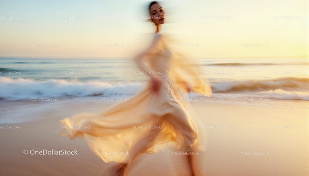 Elegant Woman in Flowing Dress Strolling on Sunset Beach