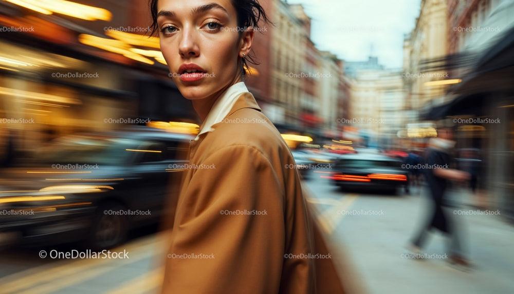 Stylish Woman in Motion on Busy City Street