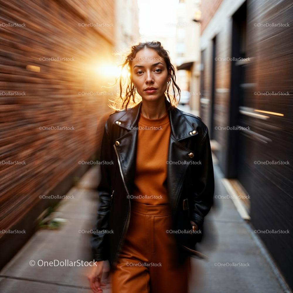 Stylish Woman Walking in City Alley at Sunset