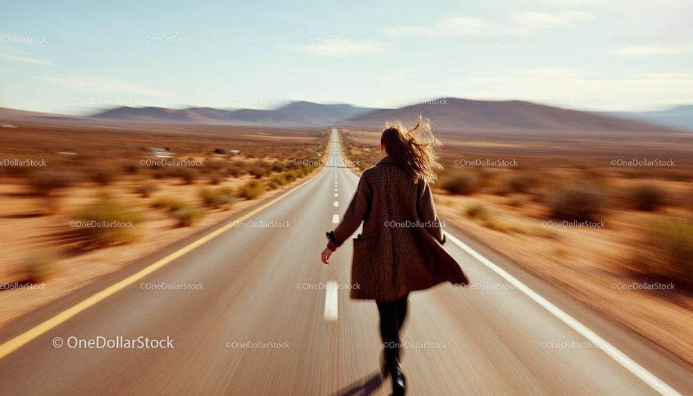 Woman Walking on Long Desert Highway