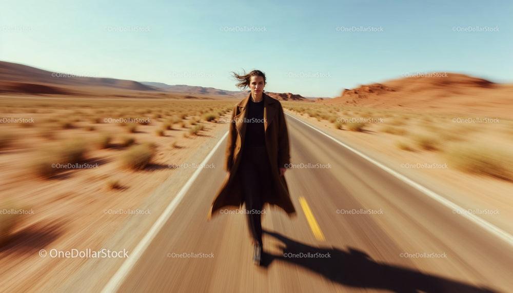 Woman Walking Alone on Desert Road in Windy Landscape