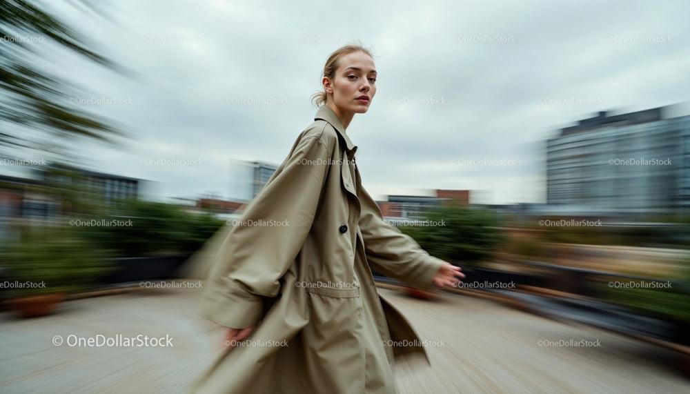 Woman in Beige Trench Coat on Rooftop with Cityscape View