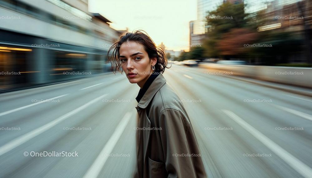 Stylish Woman in Trench Coat on Urban Street at Sunset