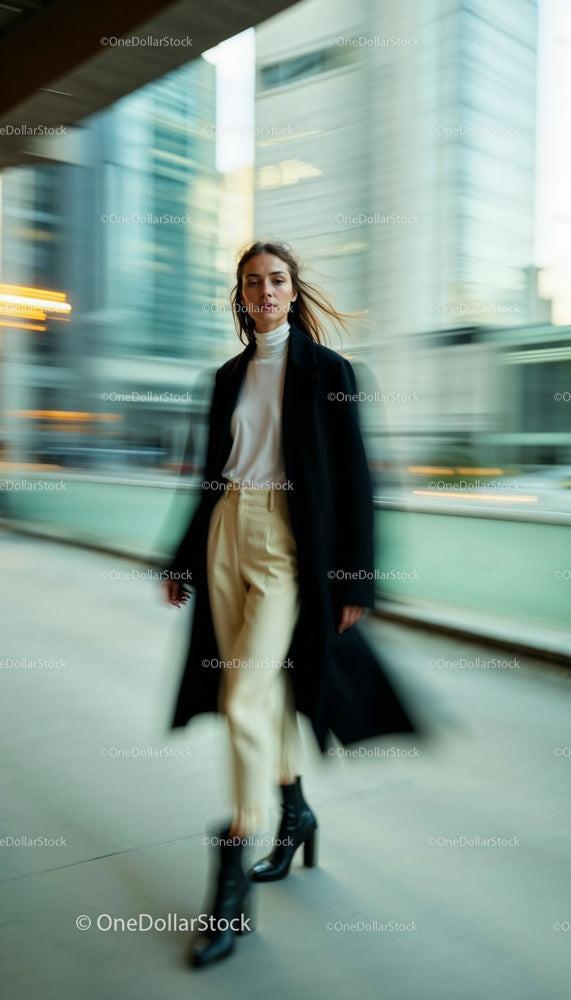 Elegant Woman Walking in Urban Cityscape