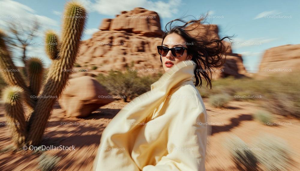 Stylish Woman with Sunglasses in Desert Breeze