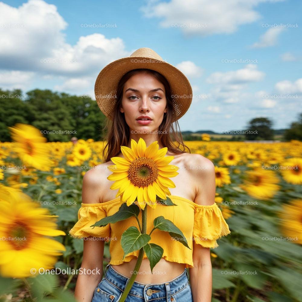 Woman in Sunflower Field Wearing Yellow Top and Straw Hat