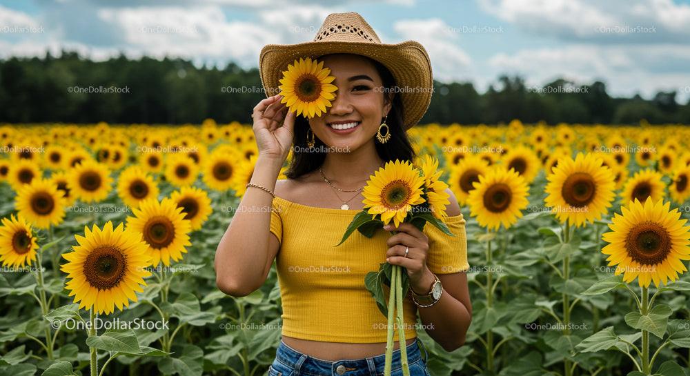 Joyful Woman in Sunflower Field on a Sunny Day