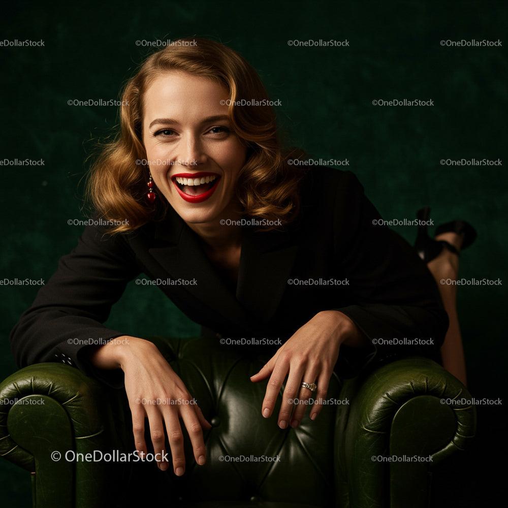 Smiling Woman in Elegant Black Attire on Green Leather Chair