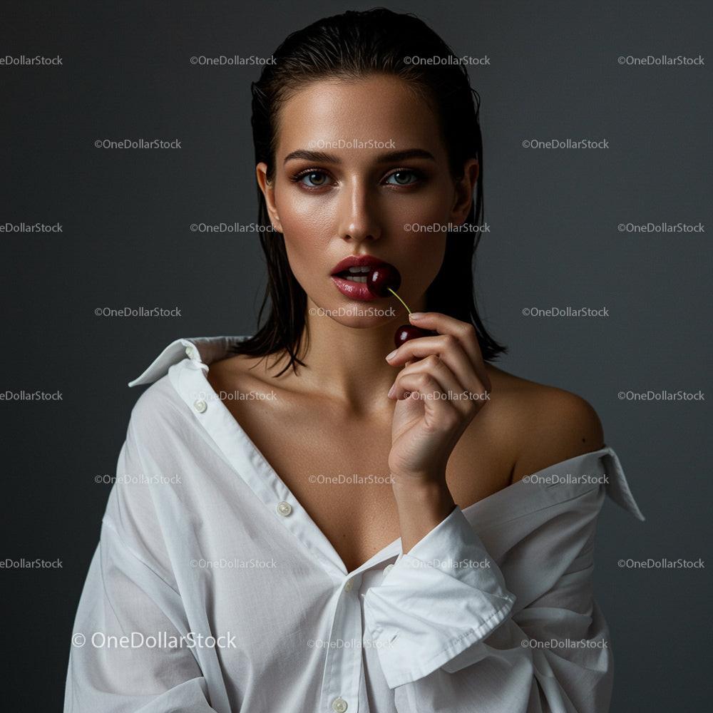 Elegant Woman in White Shirt with Cherry Lips