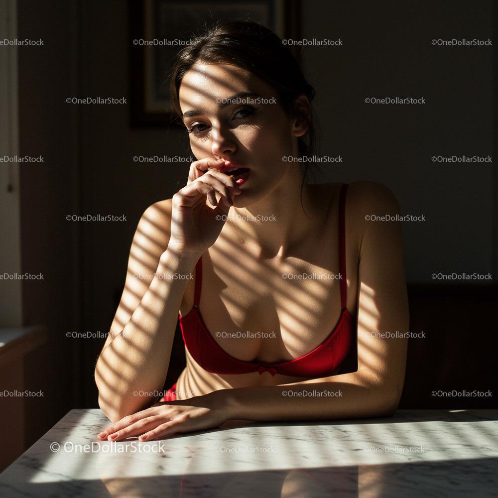 Woman in Red Lingerie in Dappled Sunlight