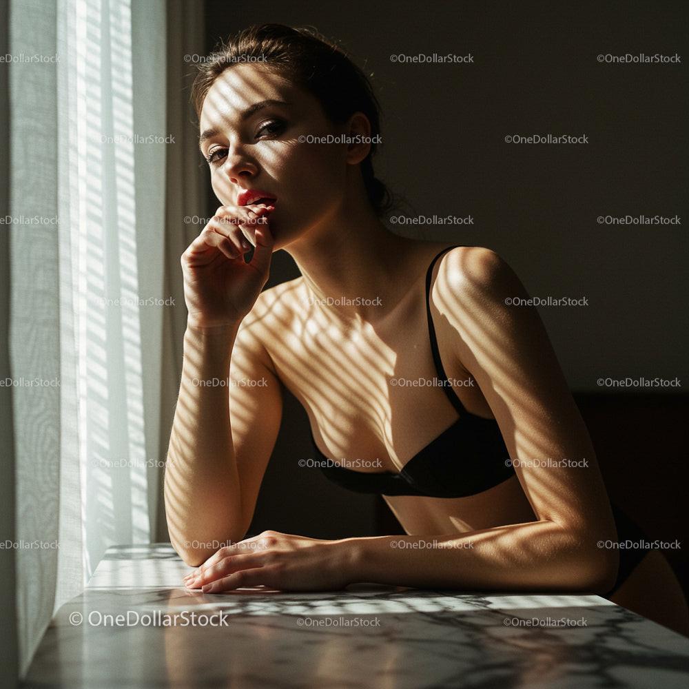 Woman in Lingerie Relaxing in Sunlit Room
