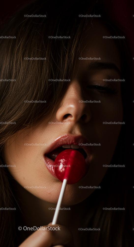 Woman Enjoying a Red Lollipop Close-Up