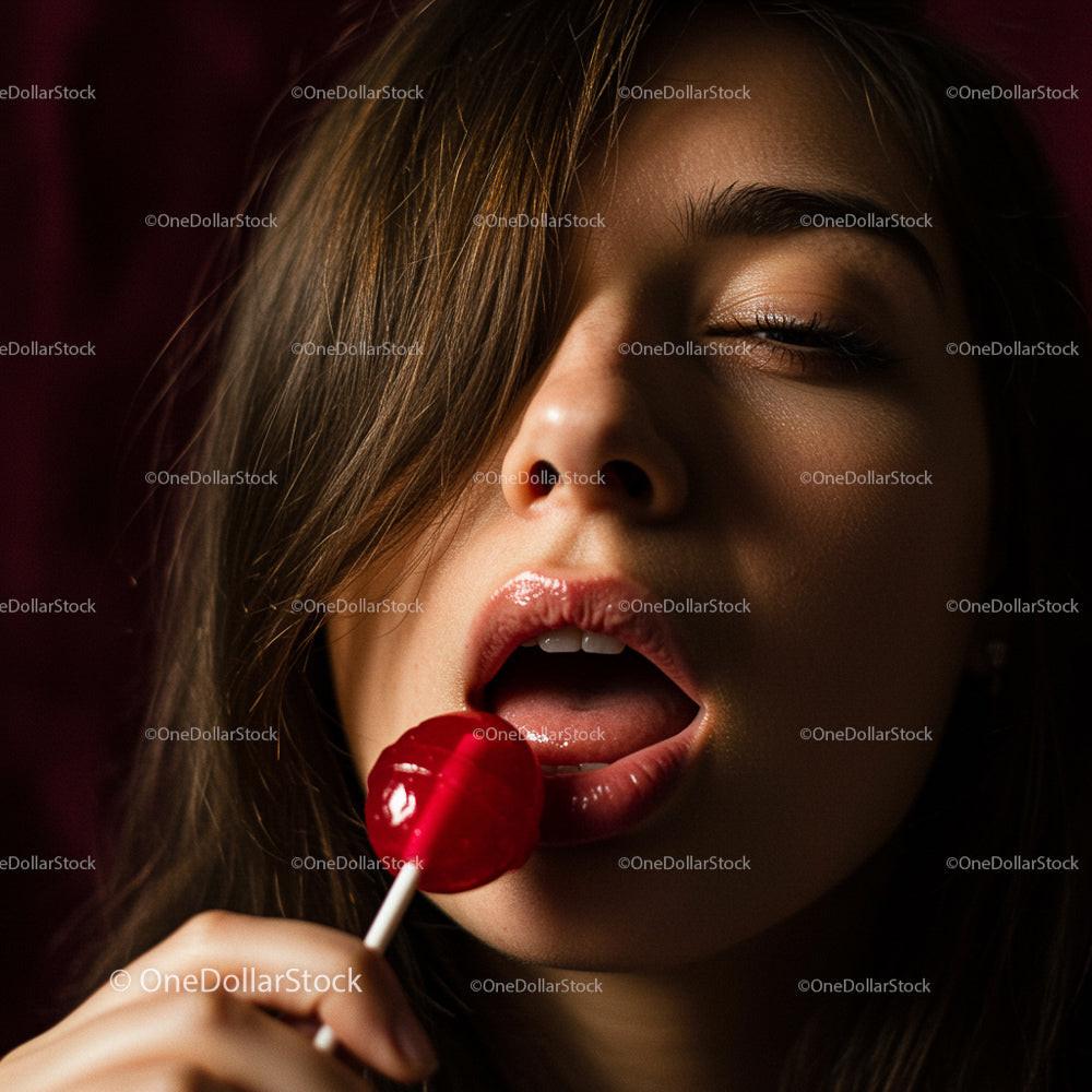 Sensual Woman Enjoying a Red Lollipop Close-Up