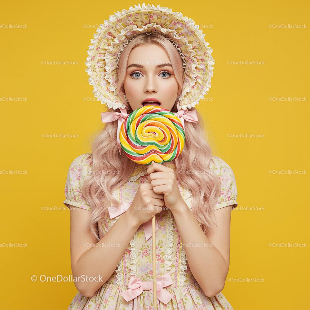 Young Woman with Lollipop and Floral Hat Against Yellow