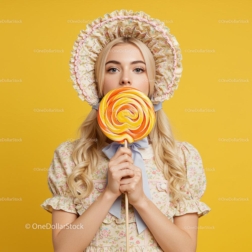 Retro Woman in Floral Dress Holding Swirl Lollipop