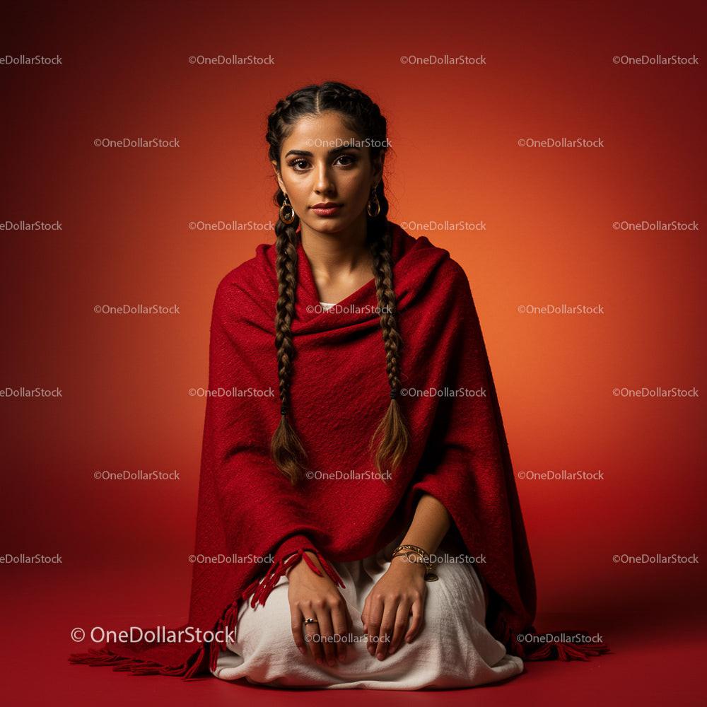 Portrait of Woman in Red Shawl with Braided Hair