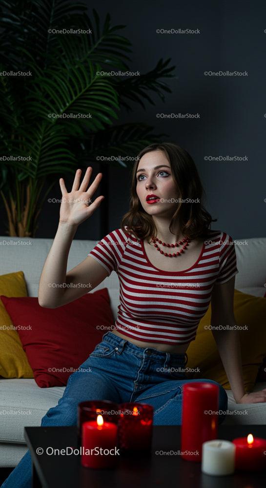 Woman in Striped Shirt Sitting in Candlelit Living Room