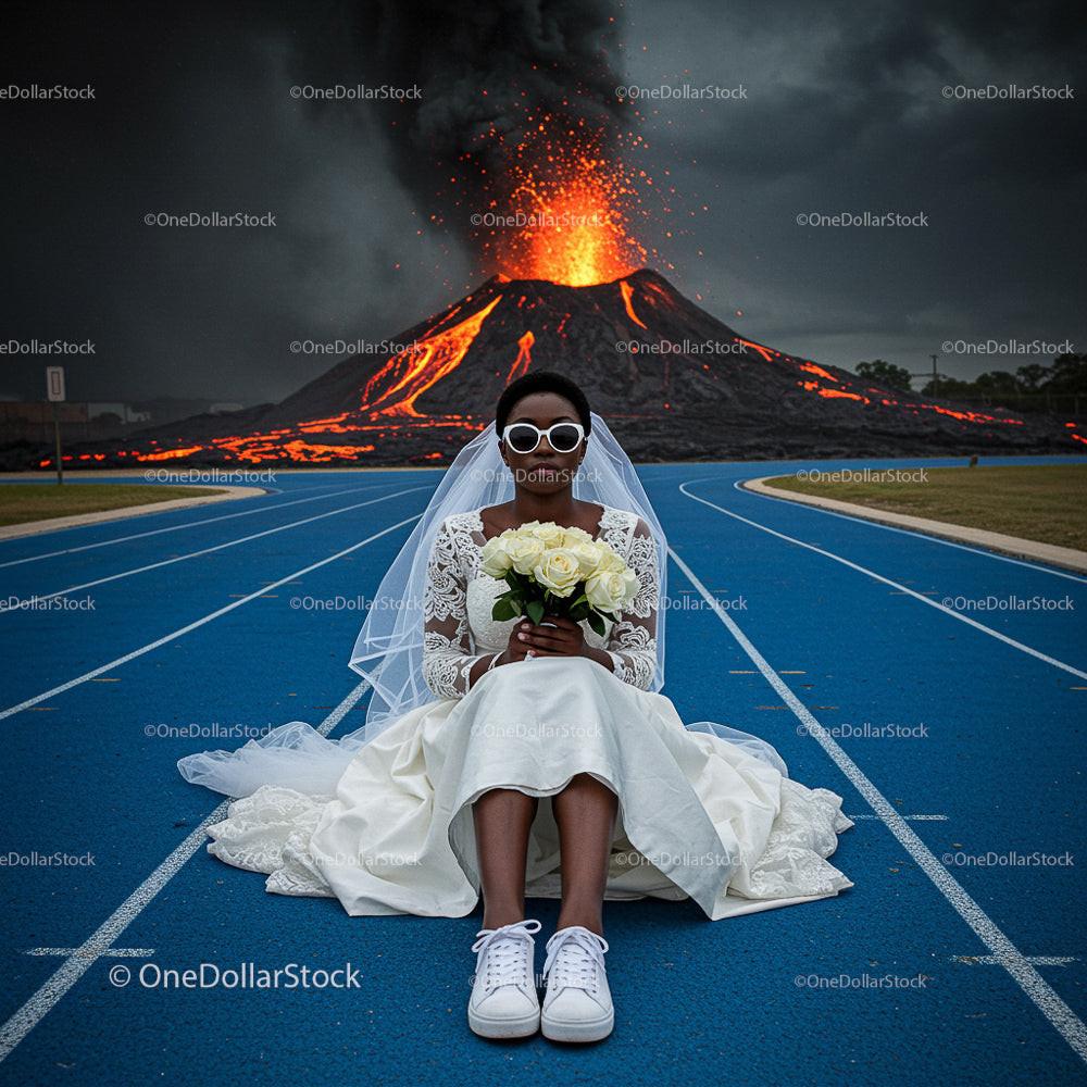 Bride in White Dress with Volcano Eruption Backdrop
