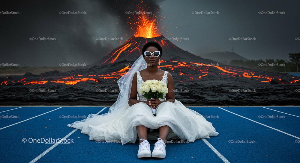 Bride in White Dress Sitting Near Erupting Volcano