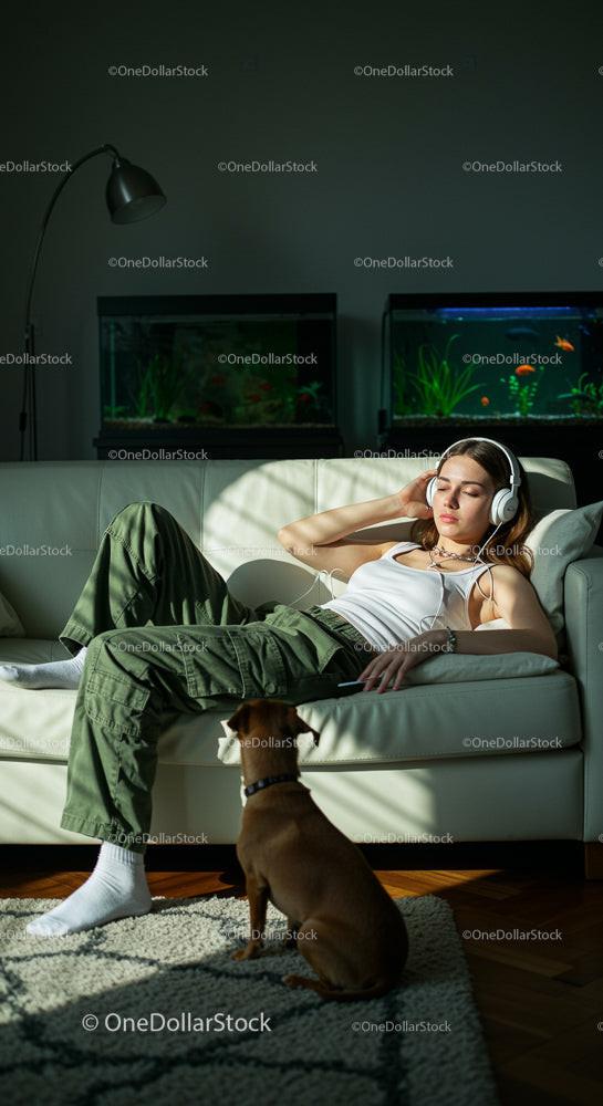 Woman Relaxing with Music Headphones and Dog Companion