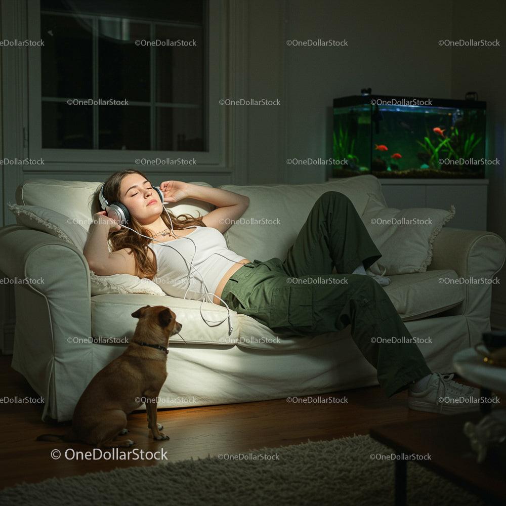 Woman Relaxing with Headphones and Dog on Cozy Sofa