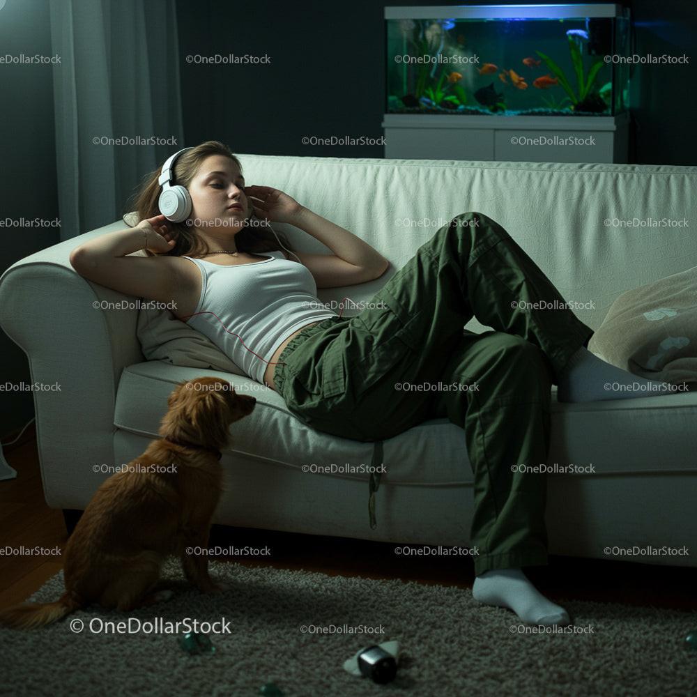 Woman Relaxing with Headphones and Golden Retriever at Home