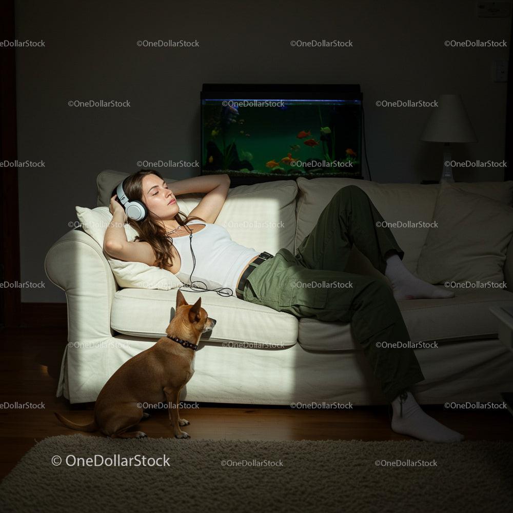 Woman Relaxing with Music Beside Dog and Aquarium