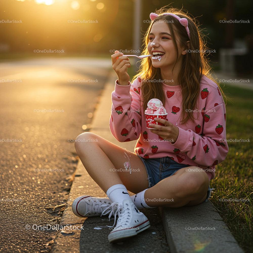 Young Woman Enjoying Ice Cream at Sunset in Pink Hoodie