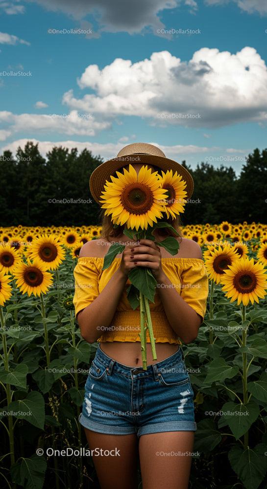 Woman in Straw Hat Holding Sunflowers in Blooming Field