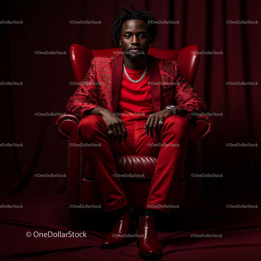 Elegant Man in Red Suit Seated in Luxurious Armchair
