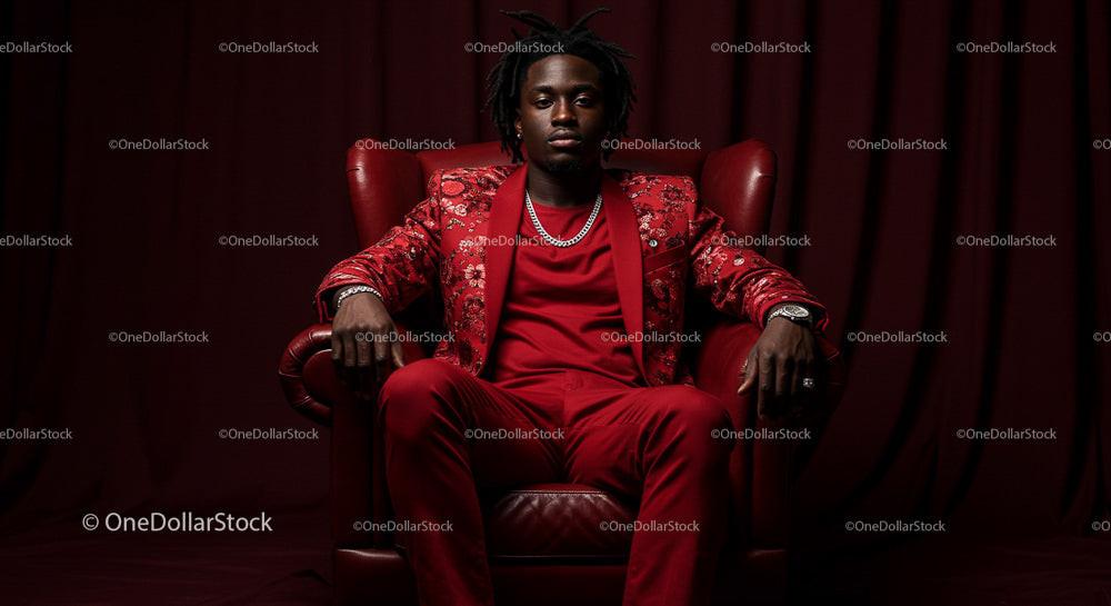Confident Man in Elegant Red Suit Sitting in Leather Chair