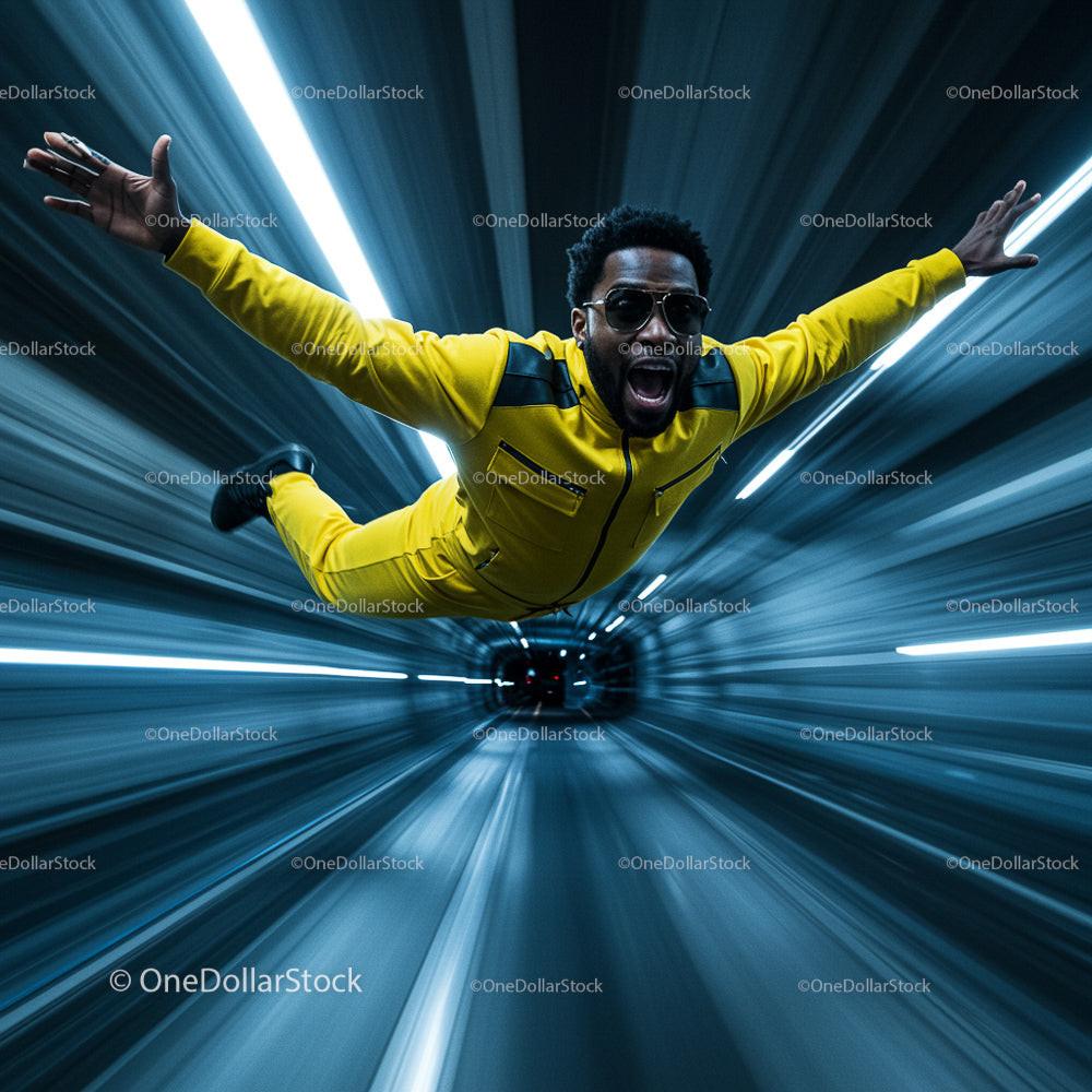 Man in Yellow Jumpsuit Flying Through Futuristic Tunnel
