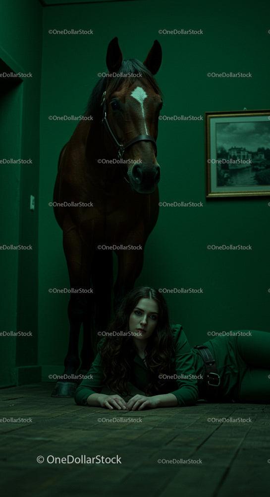 Dramatic Indoor Scene with Horse and Woman in Green Room