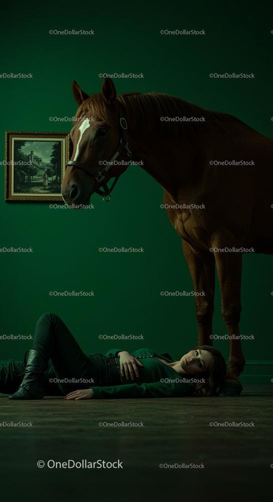 Woman Lying on Floor with Elegant Horse in Green Room