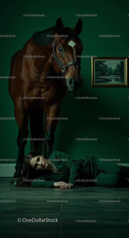 Elegant Brown Horse with Woman in Green Suit