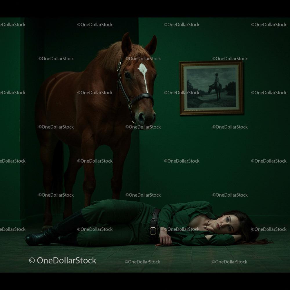 Horse and Woman in a Surreal Green Room Setting