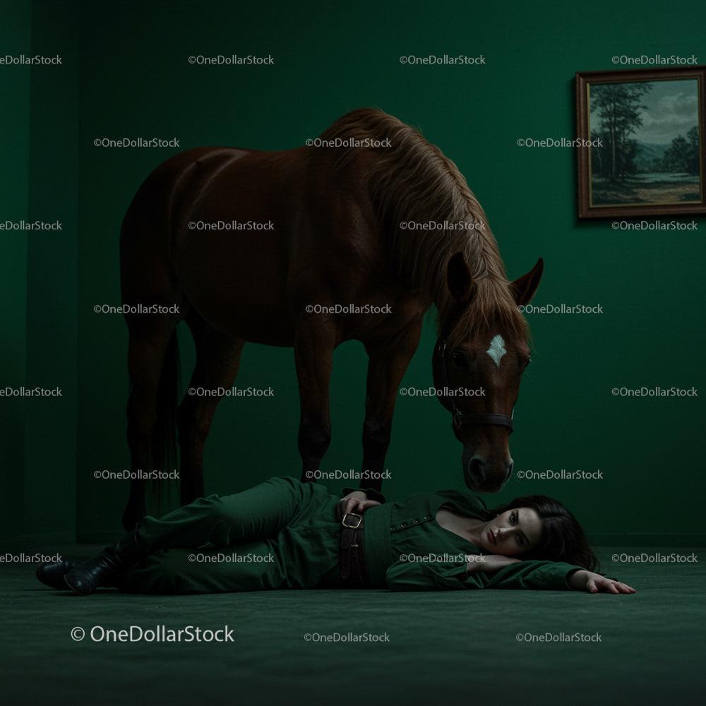 Surreal Scene of Woman and Horse in Green Room