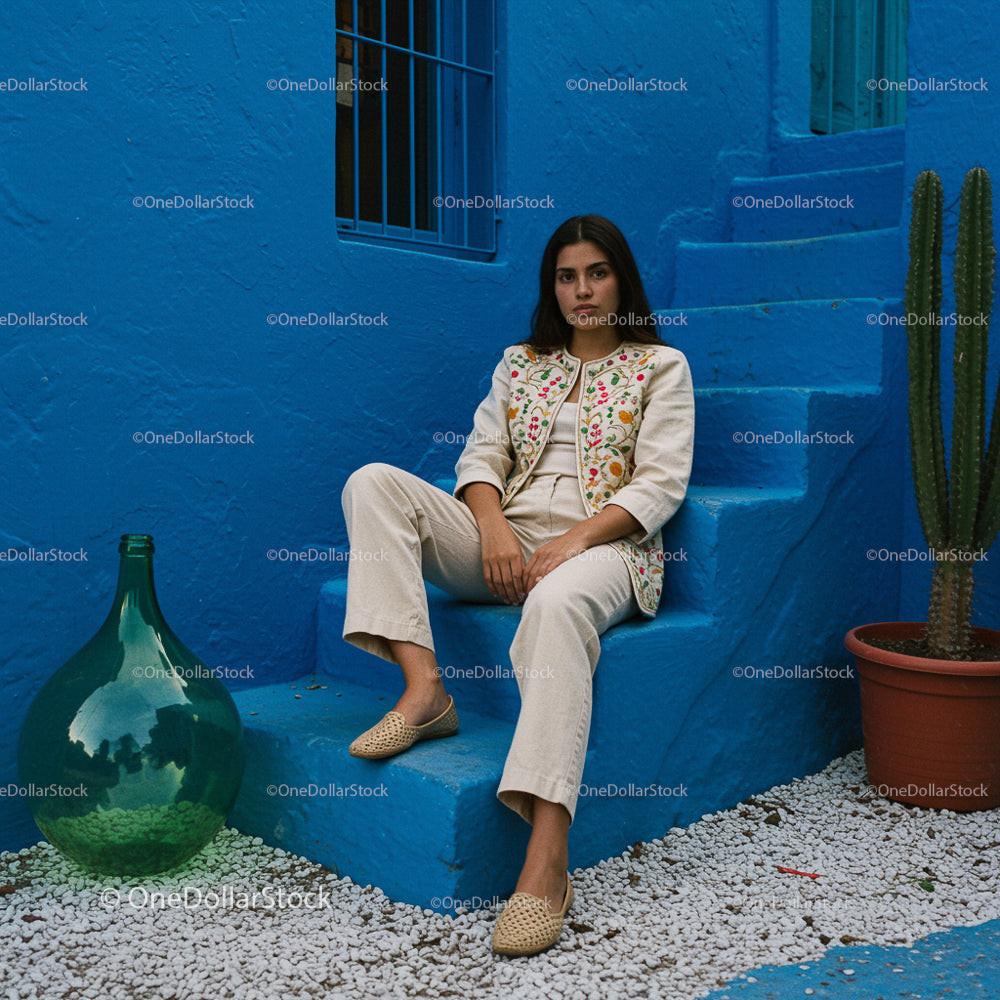 Bohemian Fashion Portrait with Blue Architectural Background