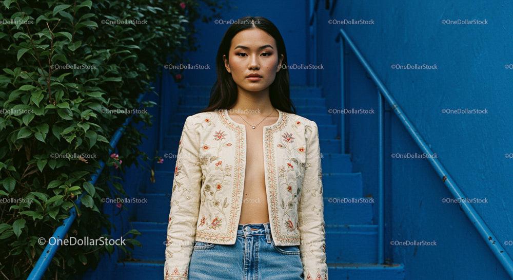 Fashionable Woman in Embroidered Jacket on Blue Stairs