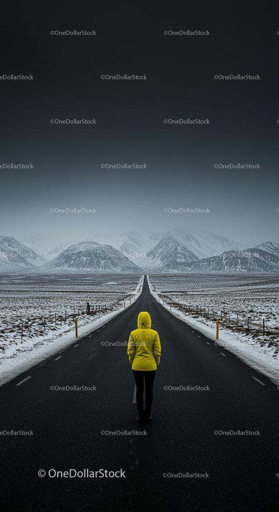 Solitary Figure in Yellow on Snowy Mountain Road